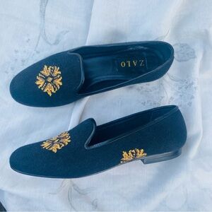 House of Zalo Slippers loafers embroidered needlepoint flower sunflower vintage
